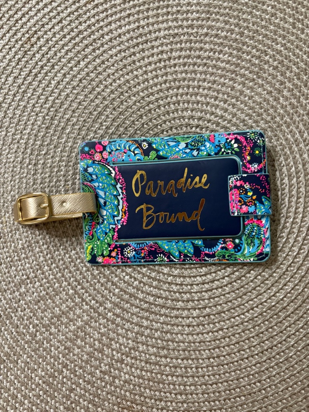 Lilly Pulitzer " luggage Paradise Bound" Navy Multi Luggage Tag with Gold Accent